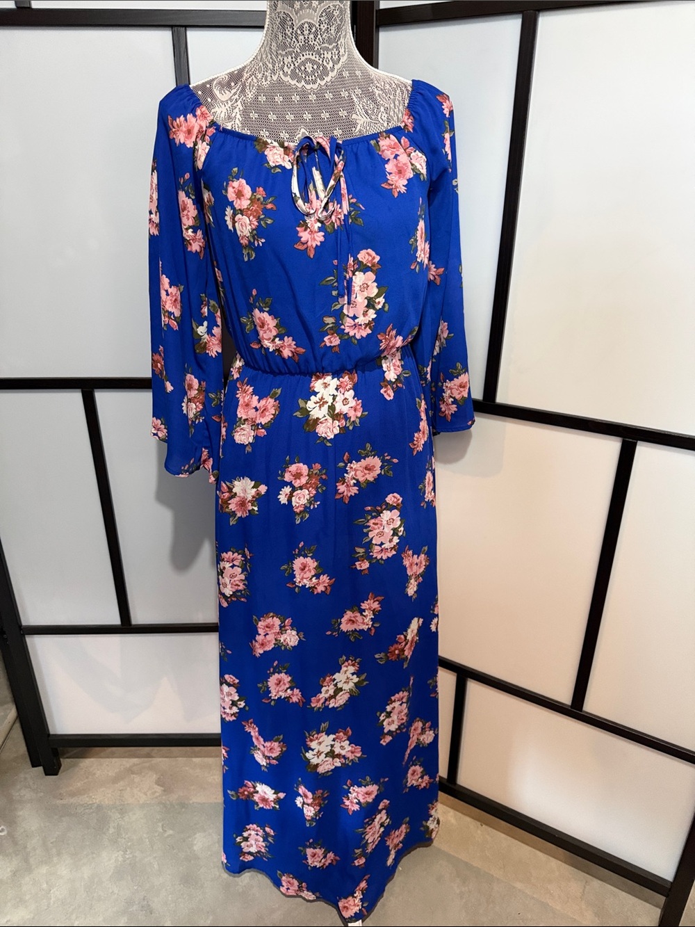 Altar'd State Royal Blue Floral Maxi with Tie Neck